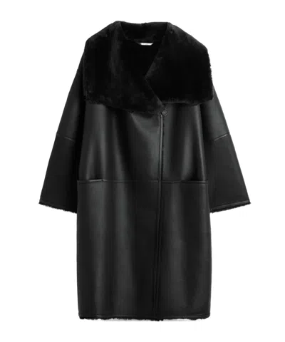 Totême Shearling Wrap Coat Black In Black