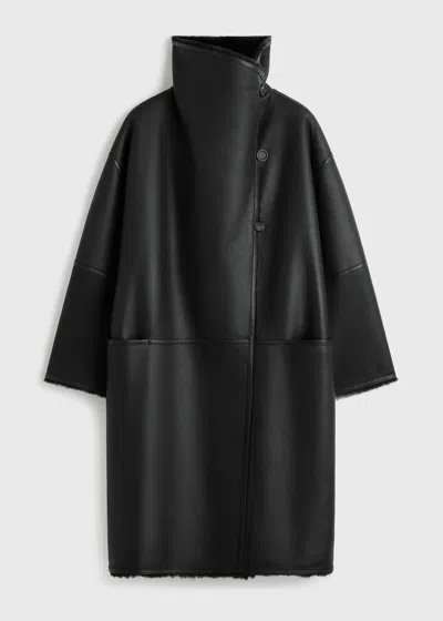 Totême Shearling Wrap Coat Black In Black