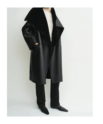 Totême Shearling Wrap Coat Black In Black