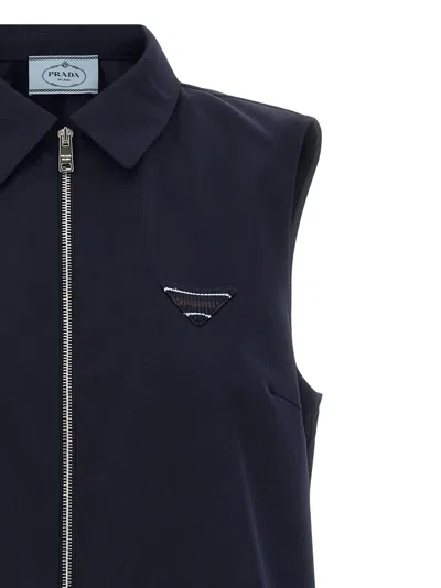 Prada Womens Blue Branded Sleeveless Cotton-poplin Mini Dress