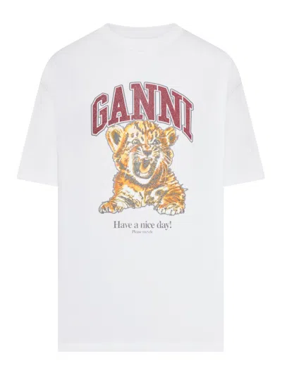 Ganni Womens Bright White Tiger-print Round-neck Cotton-jersey T-shirt Xl