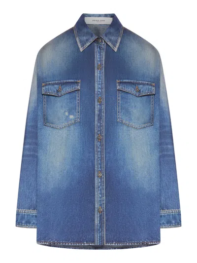 Golden Goose Deluxe Brand Women Oversized Shirt With Denim Print In Blue