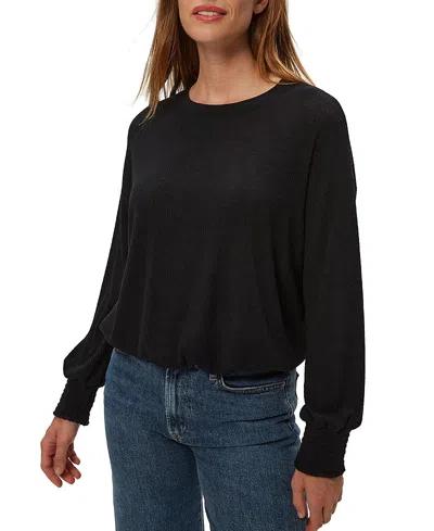 Michael Stars Tia Ribbed Crew Neck Sweatshirt With Smocked Cuffs In Black