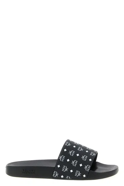 Mcm Monogram Print Rubber Slides In Black