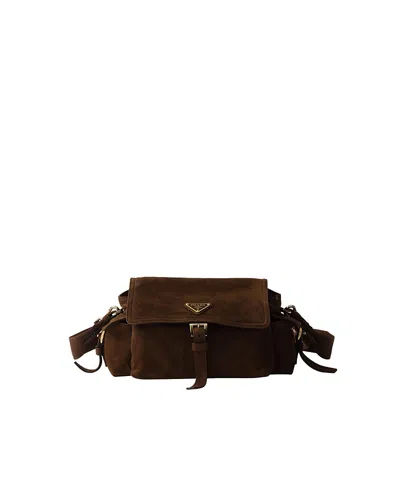 Prada Explore Medium Suede Shoulder Bag With Flap In Brown