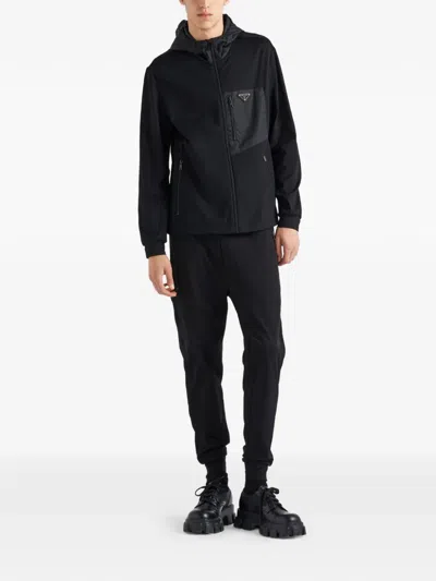 Prada Mens Black Contrast-trim Tapered-leg Cotton And Nylon Jogging Bottoms In Black