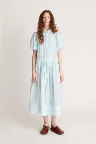 Lee Mathews Josephine Gingham-check Puff-sleeve Midi Dress In Blue