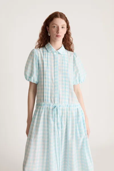 Lee Mathews Josephine Gingham-check Puff-sleeve Midi Dress In Blue
