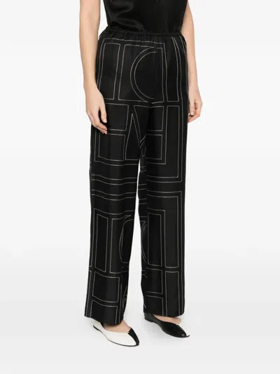 Totême Toteme Women Silk Trousers With Monogram Logo Embroidery In Multi