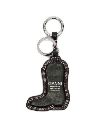Ganni Western Boot Leather Key Case In Black