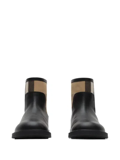 Burberry Check-panel Leather Boots In Black