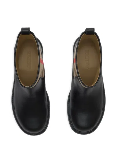 Burberry Check-panel Leather Boots In Black