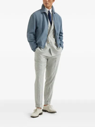Brunello Cucinelli Suede Jacket Collared Design Elasticated Hem Pockets In Blue