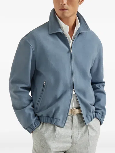 Brunello Cucinelli Suede Jacket Collared Design Elasticated Hem Pockets In Blue