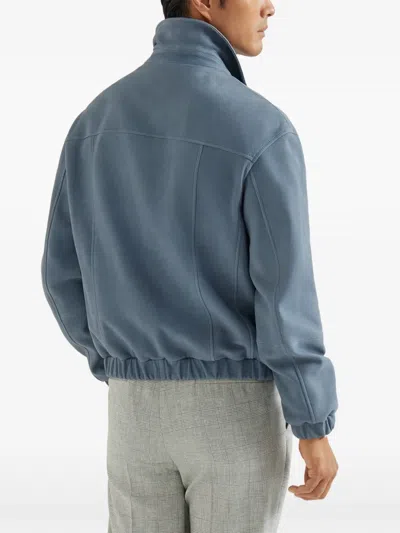 Brunello Cucinelli Suede Jacket Collared Design Elasticated Hem Pockets In Blue