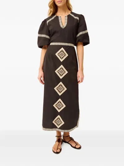 Marie Oliver Embroidered V-neck Midi Dress In Brown