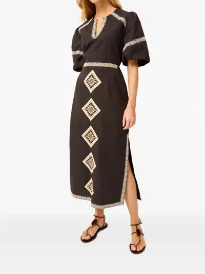Marie Oliver Embroidered V-neck Midi Dress In Brown
