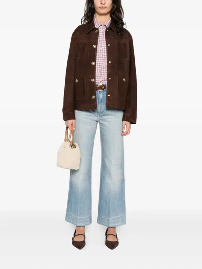 Sandro Buttoned Pocket Leather Jacket In Brown