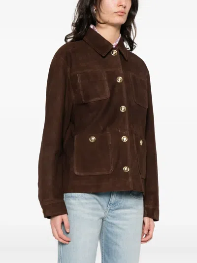 Sandro Buttoned Pocket Leather Jacket In Brown