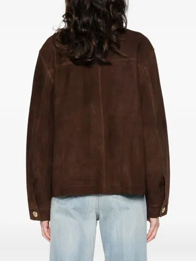 Sandro Buttoned Pocket Leather Jacket In Brown