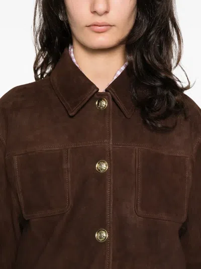 Sandro Buttoned Pocket Leather Jacket In Brown