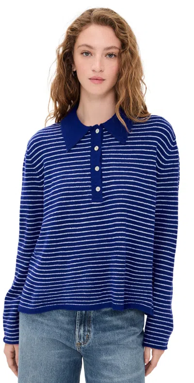 Lioness Mayfair Knitted Collar Detail Boxy Long Sleeve Polo Jumper In Blue