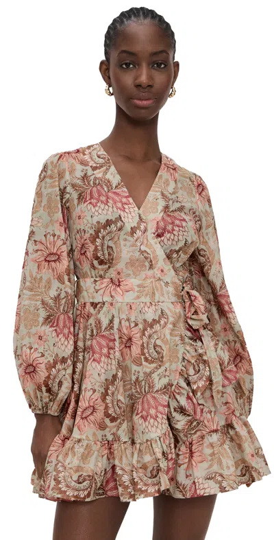 Zimmermann Daylight Mini Wrap Frill Dress Stamp Floral Sage In Brown