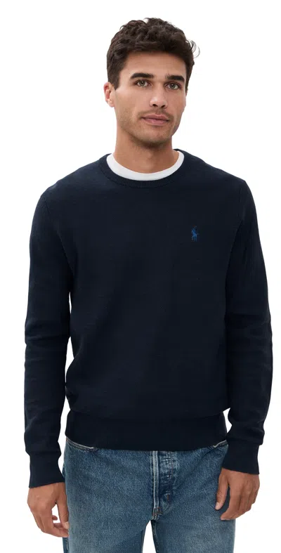 Polo Ralph Lauren Merino Wool Crew Neck Sweater With Embroidered Logo And Ribbed Detailing In Blue