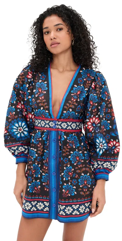 Farm Rio Black Latina Scarf Puff Sleeve Organic Cotton Mini Dress In Blue