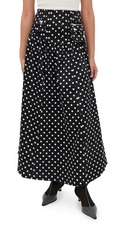 Ganni Gathered Polka-dot Recycled Satin Midi Skirt In Black