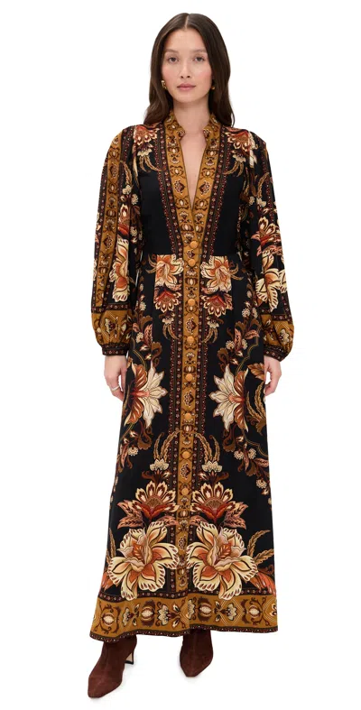 Farm Rio Black Majestic Garden Buttoned Puff Sleeve Maxi Dress In Brown