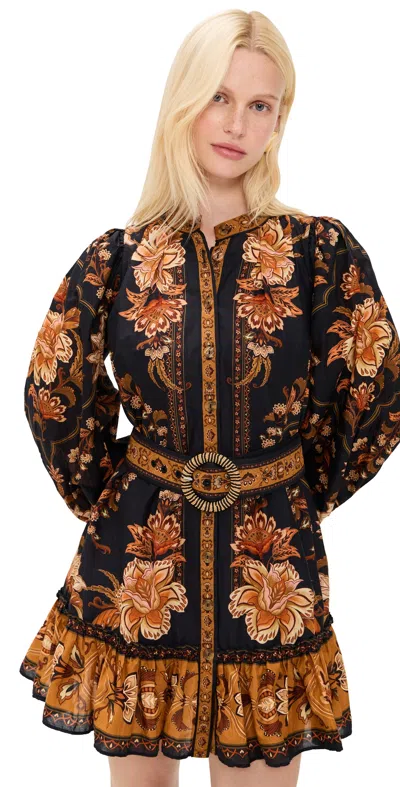 Farm Rio Majestic Garden Multicolor Crewneck Mini Dress With All-over Floral Motif And Front Belt In Cotton W