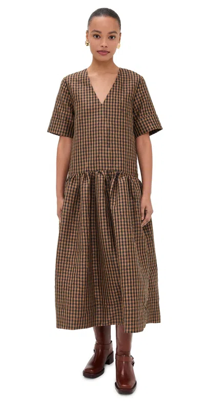 Ganni Crinckled Taffeta Checkered Dress Gathered Waist In Brown