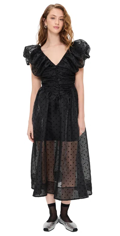 Ganni Ruched Flocked Polka-dot Recycled Organza Midi Dress In Black