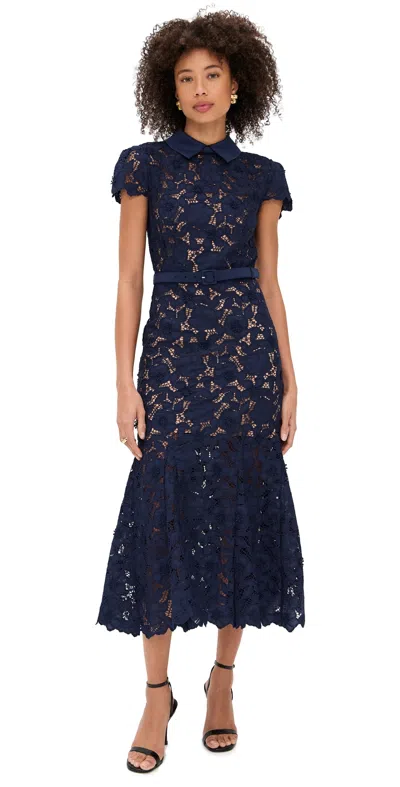 Self-portrait Guipure Blue Long Dress With Lace Design And Adjustable Waist Belt In Fabric Woman