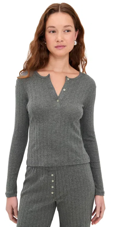Leset Pointelle Long Sleeve Henley Tee Granite In Gray