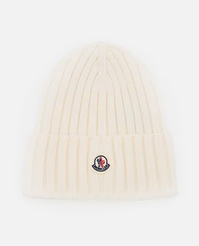 Moncler Ribbed Beanie With Embroidered Logo Detail In Neutral