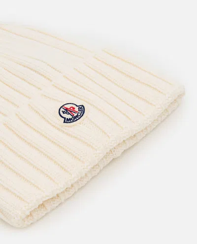 Moncler Ribbed Beanie With Embroidered Logo Detail In Neutral