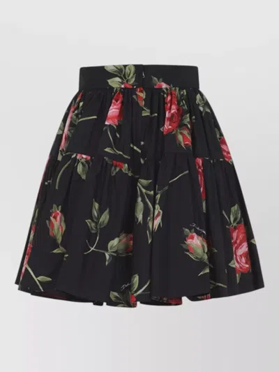 Dolce & Gabbana Mini Skirt With Rose Bouquet Print And Peplum Detail, Size 40 In Black