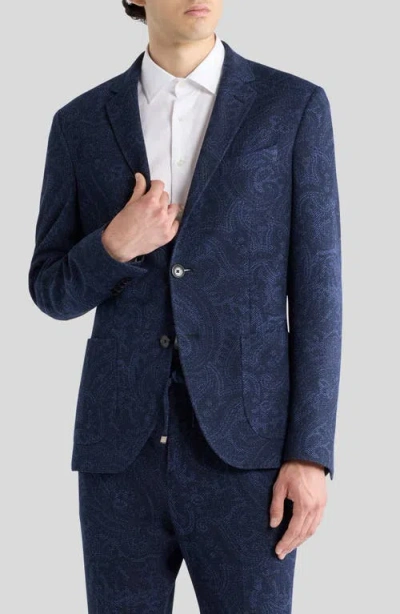 Etro Men Single-breasted Jacquard Cotton Jacket With Floral Pattern In Blue