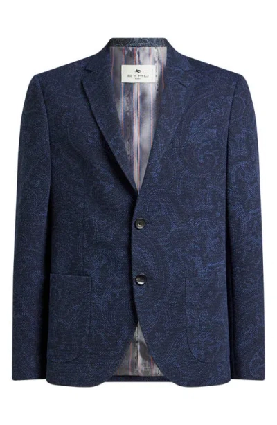 Etro Men Single-breasted Jacquard Cotton Jacket With Floral Pattern In Blue