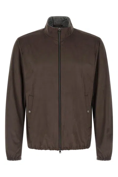 Herno Suede-texture Brown Casual Jacket With High Collar