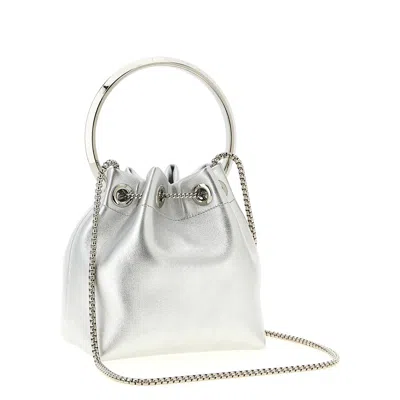 Jimmy Choo Drawstring Design Metallic Handbag With Circular Handle In Silver