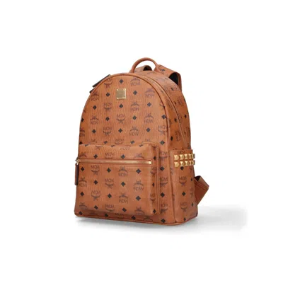 Mcm Backpack Studded Front Zip Pocket Adjustable Straps In Brown