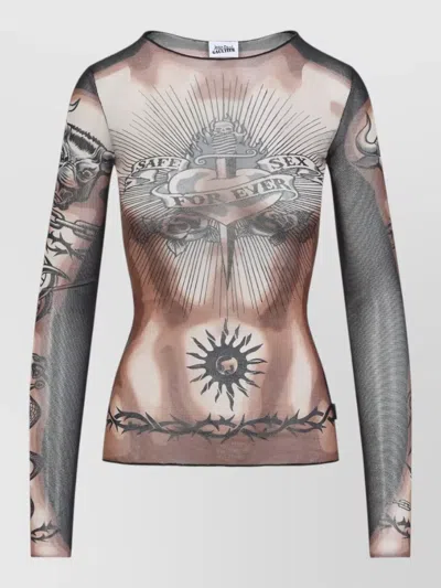 Jean Paul Gaultier Tattoo-inspired Sheer Long-sleeved Top With Bold Motifs In Brown