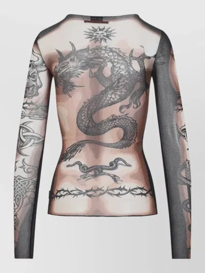 Jean Paul Gaultier Tattoo-inspired Sheer Long-sleeved Top With Bold Motifs In Brown