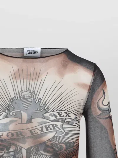 Jean Paul Gaultier Tattoo-inspired Sheer Long-sleeved Top With Bold Motifs In Brown