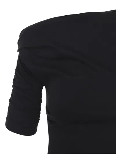 Jacquemus Asymmetrical One-shoulder Bodycon Mini Dress With Ruched Sleeve In Black