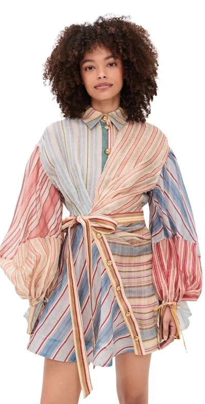 Zimmermann Rebellion Multicolor Midi Dress With Bow Detail On The Front And All-over Striped Motif In Linen And
