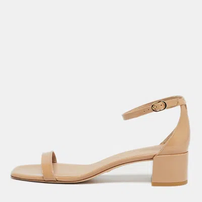 Stuart Weitzman Beige Leather Bambina Block Heel Ankle Strap Sandals In Nude